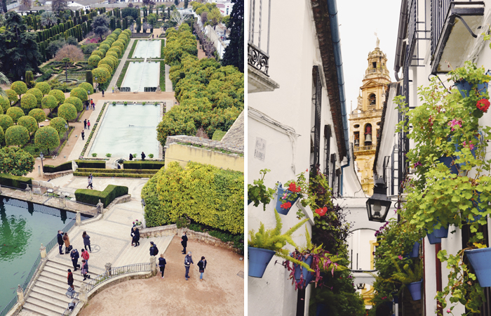 Kuva: Vasemmalla: Alcázar-linnan puutarhaa. Oikealla: Calleja de las Flores, kuuluisa "kukkakatu".